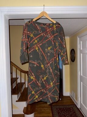 Talbots Olive Shift Dress with Red and Yellow Print